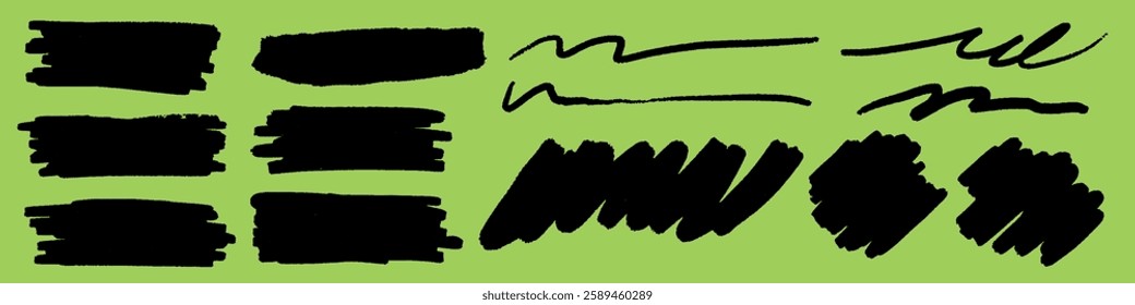 Abstract black brush strokes and lines on a bright green background. Bold brush strokes and dynamic lines create a striking contrast on green. Creative elements, vector set.