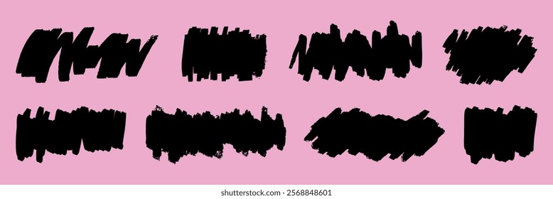 Abstract black brush strokes on a pink background. Black strokes create dynamic patterns. Brush strokes add artistic flair. Pink and black contrast vividly. Creative elements, vector set.