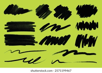 Abstract black brush strokes on a bright green background. Various brush strokes create a dynamic, artistic pattern. Brush strokes add texture and contrast. Creative element set. Vectors.