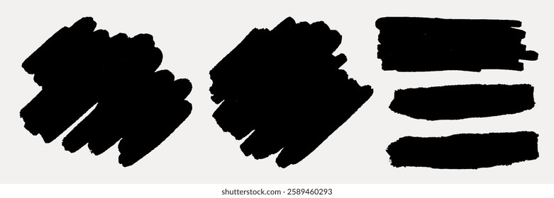 Abstract black brush strokes on a white background. Bold brush strokes create a dynamic, artistic feel. Black brush strokes add texture and contrast. Creative elements, vector set.