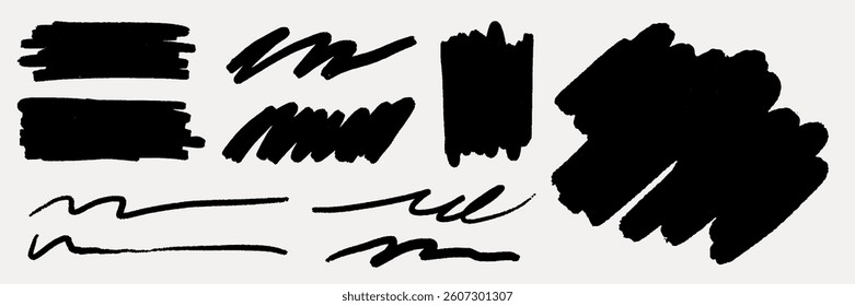 Abstract black brush strokes on a white background. Various brush strokes create a dynamic, artistic feel. Brush strokes in different shapes and sizes. Creative elements, vector set.