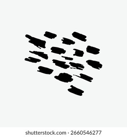 Abstractas pinceladas negras sobre un fondo blanco. Las pinceladas varían en tamaño y forma. Las pinceladas negras crean un patrón dinámico y artístico. Pinceladas atrevidas. Vector de garabatos.
