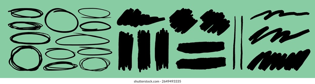 Abstract black brush strokes and scribbles on a green background. Brush strokes vary in shape and size. Scribbles and strokes create a dynamic pattern. Hand drawn illustrations, vector set.