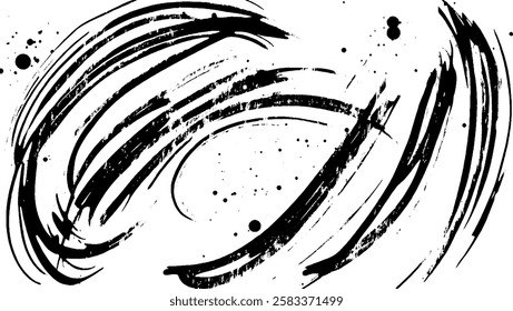 Abstract black brush strokes with splatters on a white background, creating a dynamic and artistic composition.