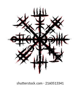 Abstract black brushed viking symbol with red outline lines. Old runic Scandinavian and Icelandic circle sign