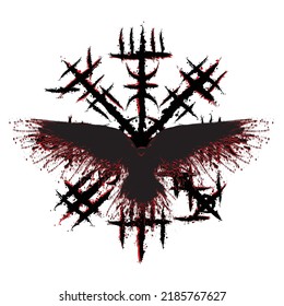 Abstract black brushed viking symbol with red outline lines. Old runic Scandinavian and Icelandic circle sign with black raven bird silhouette and red shadow