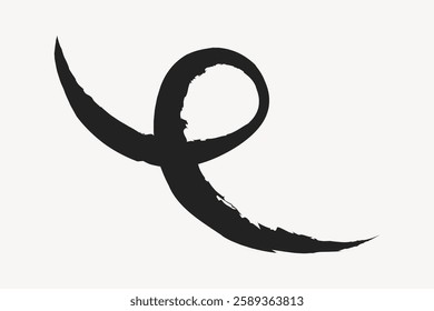 Abstract black brushstroke on white background, forming a looping shape. The brushstroke has a dynamic, artistic feel, creating a sense of movement. Ribbon element vector.