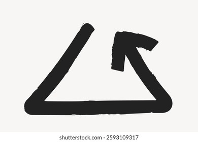 Abstract black brushstroke triangle with an arrow on a white background. The triangle and arrow design is bold and artistic, featuring a dynamic brushstroke style. Isolated vector element.