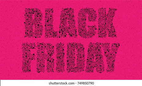 Abstract with Black Bubbles Circles on Pink Horizontal Background. Random Dots for your Amazing Design. Snow, Rain, Star. Black Friday, Sale, Discounts.
