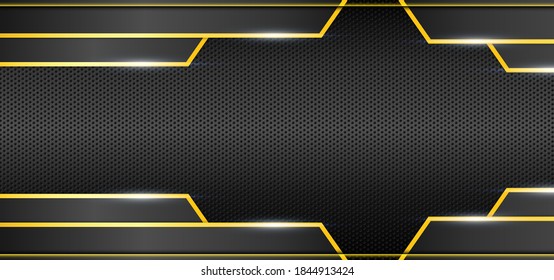Abstract black carbon texture with golden line decoration and light vector background