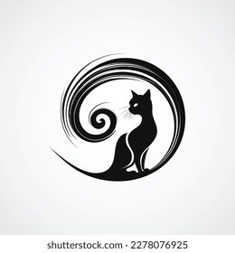 Abstract black cat on a white background with a circle. vector illustration