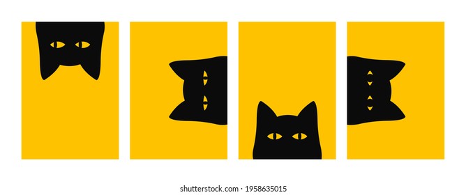 Abstract black cat poster set. Cute meow animals on yellow backgrounds. Funny kitty face with beautiful eyes in vector 