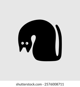 Abstract black cat silhouette with a unique curved shape and wide eyes. A creative and minimalist vector illustration, perfect for logos, stickers, branding, Halloween, and artistic design projects