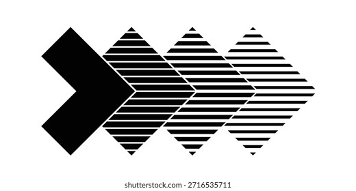Setas em divisa preta abstratas com ilustração de vetor de padrão geométrico listrado.