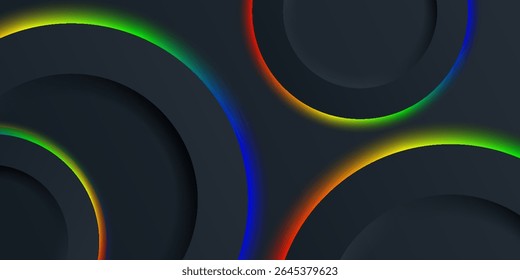 Abstract black circle background with colorful neon lights