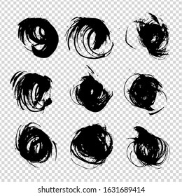 Abstract black circle brush strokes isolated on imitation transparent background