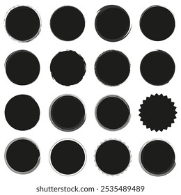 Abstract black circle icons. Rough textured edges. Geometric circular shapes. Vector design elements.