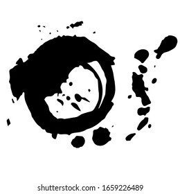 Círculo negro abstracto con bordes dentados, textura áspera y manchas de manchas. Círculo oscuro de color de agua. Puntos psicológicos.Ilustración vectorial