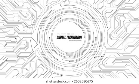 Abstract black circle line wires on a white circuit board. AI chip concept. Technology background. Computer electronics circuit texture or pattern. Futuristic tech bg. Digital vector illustration