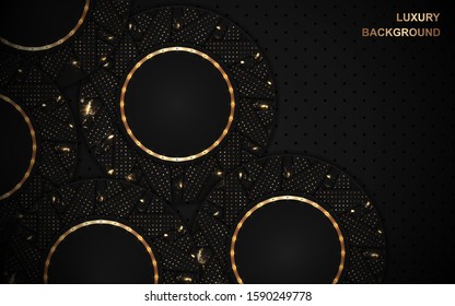 Abstract black circle overlapping layers background a combination with golden texture line decoration. Dark luxury and premium concept vector design template for element modern cover, banner, card