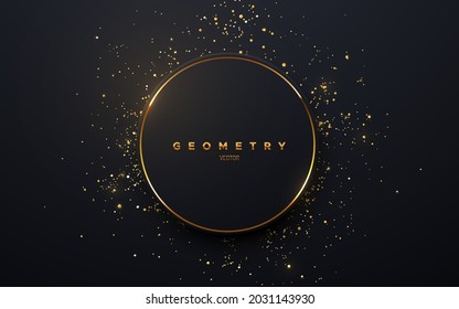 Abstract black circle shape with golden glowing frame and glitters. Vector illustration. Geometric backdrop with golden glittering particles. Holiday banner design. Minimalist decoration