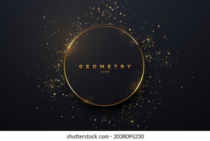 Abstract black circle shape with golden glowing frame and shimmering glitters. Vector illustration. Geometric backdrop with golden glittering particles. Holiday banner design. Minimalist decoration