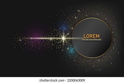 Resumen de forma de círculo negro con marco dorado brillante y brillo. Iluminación de efecto y partículas brillantes