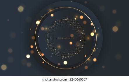 Abstract black circle shape with golden glowing frame and dots glitters. Vector luxury illustration. Geometric backdrop with round golden glittering particles. Holiday banner design.