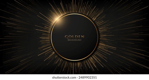 Abstract black circle shape with golden luxury frame and glowing lines background. Perfect for use in invitations, event flyers, award ceremony designs