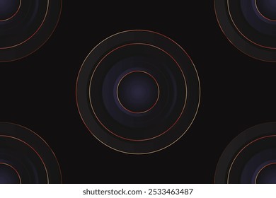 Abstract black circle shape with golden glowing frame, glittering particles and light effect