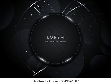 Abstract black circle shape with silver glowing frame on black background. You can use for ad, poster, template, business presentation. Vector illustration