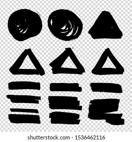 Abstract black circle, triangle and smooth textured smears isolated on imitation transparent background