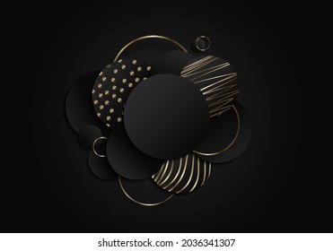 Abstract black circles geometric overlapping layered with gold lines pattern elements on dark background. Luxury style. Vector illustration