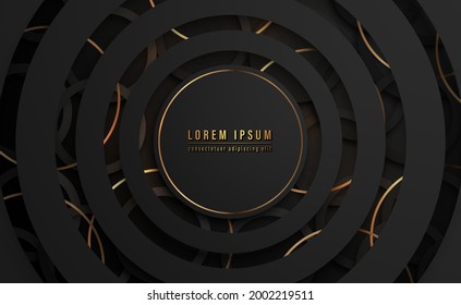 Abstract black circles with golden circle lines background. Design for your poster, banner. Vector illustration