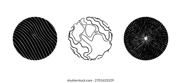 Abstract Black Circles with Wavy Lines Texture Pattern Set Vector