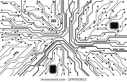 Abstract black circuit board technology connected lines electronics elements computer motherboard chip processor semiconductor digital on white background vector illustration.
