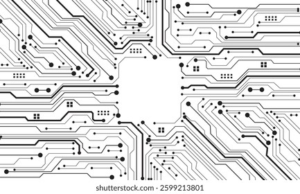Abstract black circuit board technology connected lines electronics elements computer motherboard chip processor semiconductor digital on white background vector illustration.