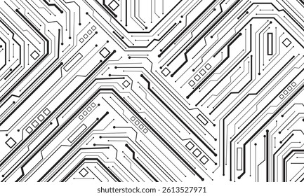 Abstract black circuit board technology connected lines electronics elements computer motherboard chip processor semiconductor digital on white background vector illustration.