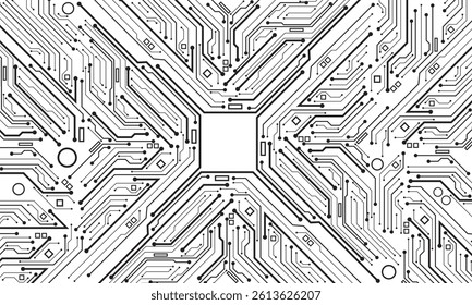 Abstract black circuit board technology connected lines electronics elements computer motherboard chip processor semiconductor digital on white background vector illustration.