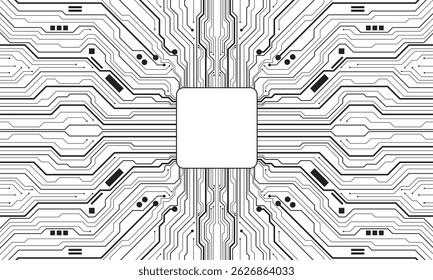 Abstract black circuit board technology connected lines electronics elements computer motherboard chip processor semiconductor digital on white background vector illustration.