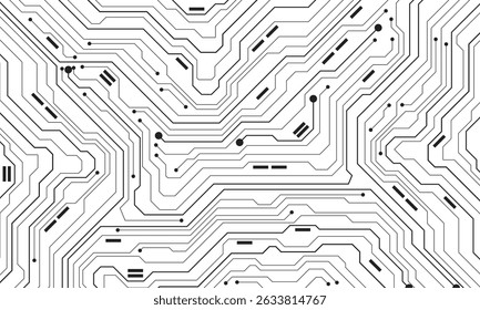 Abstract black circuit board technology connected lines electronics elements computer motherboard chip processor semiconductor digital on white background vector illustration.