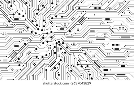Abstract black circuit board technology connected lines electronics elements computer motherboard chip processor semiconductor digital on white background vector illustration.