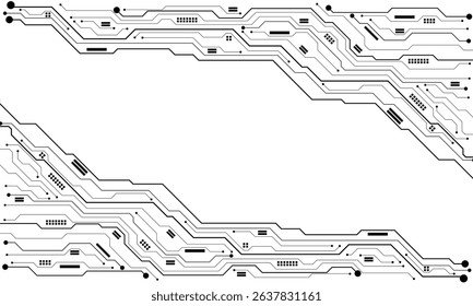 Abstract black circuit board technology connected lines electronics elements computer motherboard chip processor semiconductor digital on white background vector illustration.