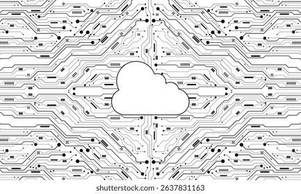 Abstract black circuit board technology cloud server big data connected lines electronics elements computer digital on white background vector illustration.