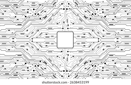 Abstract black circuit board technology connected lines electronics elements computer motherboard chip processor semiconductor digital on white background vector illustration.