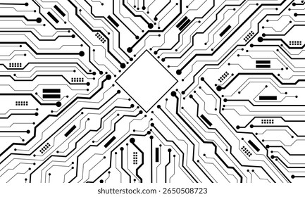 Abstract black circuit board technology connected lines electronics elements computer motherboard chip processor semiconductor digital on white background vector illustration.