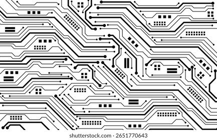 Abstract black circuit board technology connected lines electronics elements computer motherboard chip processor semiconductor digital on white background vector illustration.