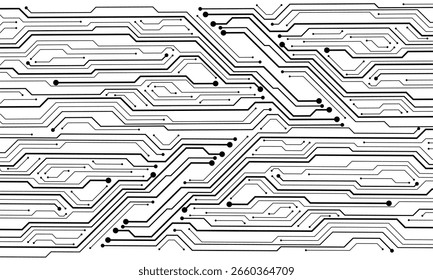 Abstract black circuit board technology connected lines electronics elements computer motherboard chip processor semiconductor digital on white background vector illustration.