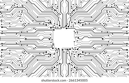 Abstract black circuit board technology connected lines electronics elements computer motherboard chip processor semiconductor digital on white background vector illustration.
