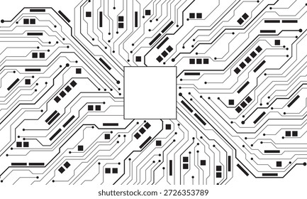 Tecnología Abstractas de la placa de circuito negro Líneas conectadas Elementos electrónicos Placa madre de la computadora Procesador de chip Semiconductor digital sobre fondo blanco Vector